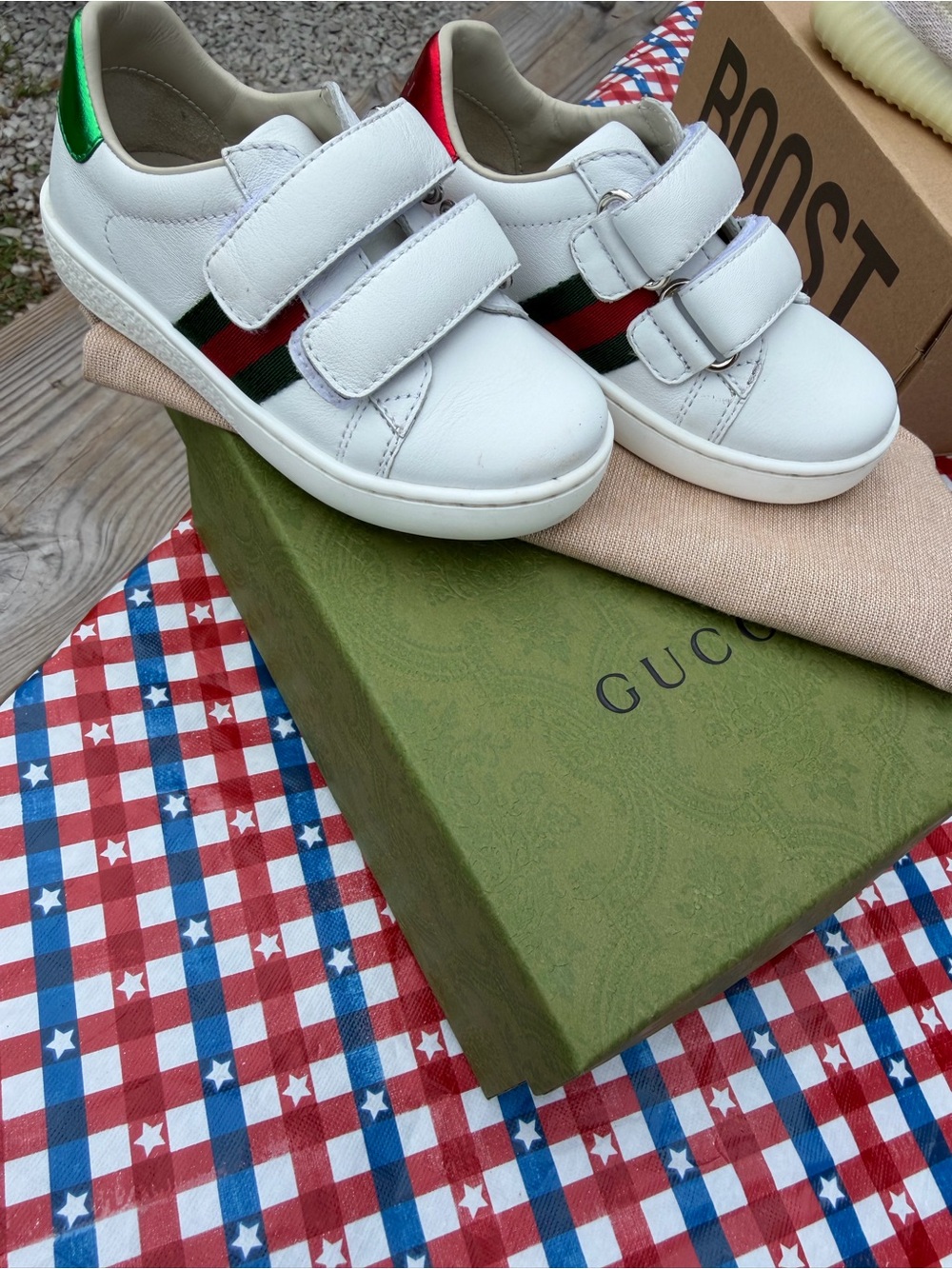 Kids White Leather Sneakers with Red & Green Stripe